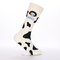 Chaussettes personnalisées à motif vache, base blanc crème avec taches noires, art de fille de dessin animé, logo personnalisé, marque privée, service OEM ODM