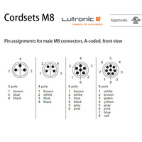 Câble d'actionneur/capteur mâle droit 8 pôles Lutronic M8, surmoulé IP67, avec boîtier en cuivre à contact doré, connecteur simple extrémité 1m