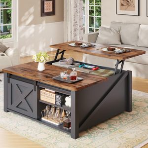 Table basse relevable SENYU style farmhouse avec rangement, structure en bois et métal, mobilier moderne pour salon - Product Image 1