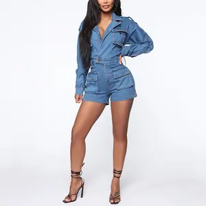 New Style Casual Long Sleeves High Quality Washed Jeans Pants Short Cargo Denim Romper Women Loose Jumpsuit