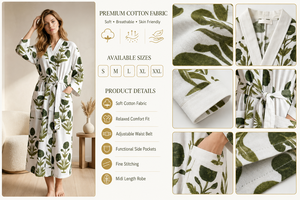 Robe de chambre longue décontractée d'été pour femme, 100% coton respirant, imprimé feuilles vertes, col chemise, ceinture, style kimono, avec poches - Product Image 6