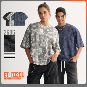 卸売印刷デニムスタイルダメージ加工クロップドフィットオーバーサイズメンズTシャツ、デニム柄ブラックブルーホワイトファッションTシャツ - Product Image 3