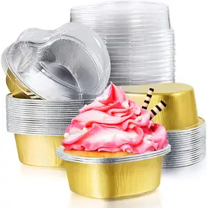 Tazas para hornear, moldes para pasteles con tapas, papel de aluminio pequeño dorado, papel de aluminio de pared suave, venta al por mayor, PET desechable en forma de corazón, 100ml