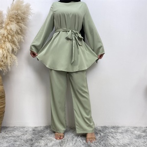 High Quality Pure Color Two Pieces Set Simple Blouse and Loose Wide Leg Pant Office Fashion Sets Muslim Modest Abaya Sets 2272 - Product Image 5
