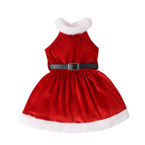 2023 Hot Sale Velvet Patchwork Sleeveless Princess Kids Sundress With <strong>Black</strong> Leather Belt Girls <strong>Christmas</strong> <strong>Dress</strong> - Product Image 3