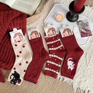 Calcetines de Mujer hasta la Pantorrilla, Tejidos en Lana, Cálidos y Gruesos, con Diseño de Gato de Dibujos Animados, Año Nuevo Chino, Año del Caballo, Tendencia en Instagram - Product Image 2