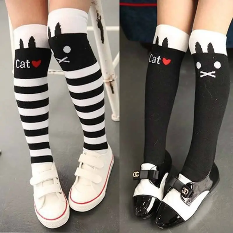 1 Pairs von Baby Kids Girls Children Cotton Cute Stocking Princess Stripes Tights Cat Pattern Knee High Socking für 1-8 Years Old