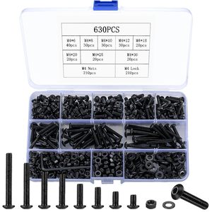 Kit de vis M4 630 pièces, vis à tête hexagonale, écrous, rondelles, tête ronde, acier allié 40Cr, oxydation noircissante - Product Image 1