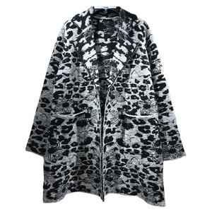 Abrigo tipo Duster de punto gris jaspeado con estampado de leopardo negro, solapa con muescas, frente abierto, longitud media, cárdigan de punto holgado para mujer - Product Image 3