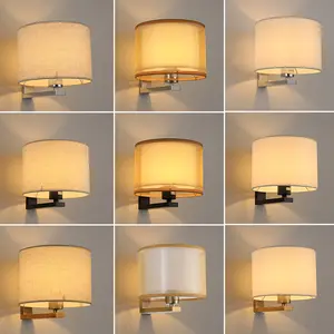 Modern fashion adjustable direction living room background wall lamp round fabric beige cover e27 bedroom bedside wall light