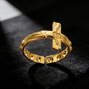 Bague ouverte réglable en acier inoxydable 316L, motif croix de Jésus, or et argent, pour hommes et femmes, bijoux religieux quotidiens, vente en gros - Product Image 2