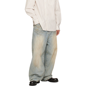 Pantalon en jean ample bleu clair délavé style Y2K pour homme, coupe décontractée, taille élastique, double ceinture, coupe baggy, vente en gros - Product Image 4