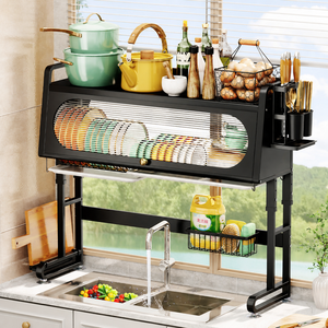 Scolapiatti scorrevole antipolvere da posizionare sopra il lavello con vassoio raccogligocce, porta coltelli e <span class=keywords><strong>organizer</strong></span> da cucina regolabile in acciaio al carbonio - Ordine campione - Product Image 3