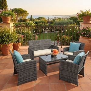 Modernist 4 Piece Outdoor Wicker Furniture Set PE <b>Rattan</b> Patio Sectional <b>Sofa</b> with Thick Grey Cushions for Veranda and Backyard - Product Image 1