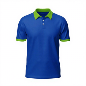 Polo pour homme bleu uni avec col et poignets verts, manches courtes, style décontracté en tricot - Product Image 1