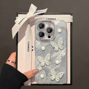 Sang Trọng Tự Làm Bướm Phụ Nữ Điện Thoại Di Động Trường Hợp Đối Với iPhone 16 15 Pro Max 14 Cộng Với 13 12 11 Sáng Bóng Lông Sợi Vỏ Funda Cover Quay Lại - Product Image 2
