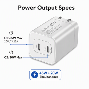 อะแดปเตอร์ชาร์จเร็ว 65W GaN III PD3.1 ช่อง USB-C คู่ กำลังไฟ 45W+20W ปลั๊กพับได้ ได้รับการรับรองมาตรฐาน UL ETL FCC สำหรับทุกอุปกรณ์ - Product Image 3