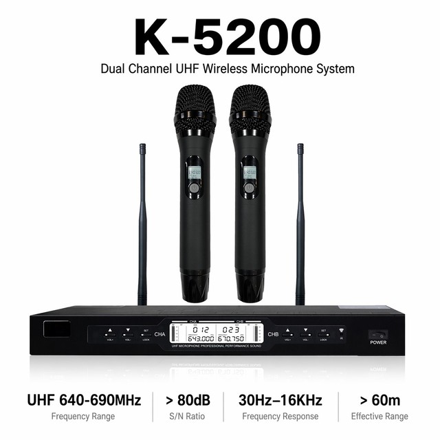 Hot Selling Dual Wireless Microphone UHF 640-690MHz Karaoke Microphone System 2 Channel Cordless Mic for KTV Party Wedding Event