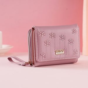 2026 Women's Waterproof PU Leather Short <b>Wallet</b> Snap Closure Zipper Floral Embroidery Fashion <b>Card</b> Organizer Polyester - Product Image 2