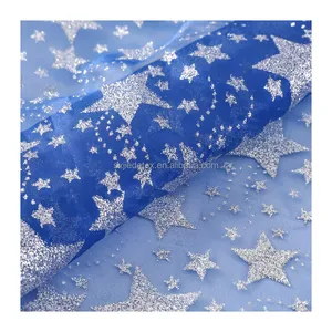 Kleurrijke Blauwe Ster Zilver Print 100% Polyester Kristal Kant Glitter Voile Tule Mesh Folie Bruiloft Organza Doorschijnende Glanzende Stoffen