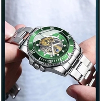 BINBOND jam tangan gelang mewah untuk pria, jam tangan pria mode baja tahan karat tahan air, jam tangan Skeleton Quartz untuk pria