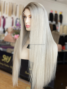 Perruque médicale blond cendré de 26 pouces avec racines brunes Highlight HD Transparent Lace Front Long Straight Style pour femmes blanches - Product Image 4