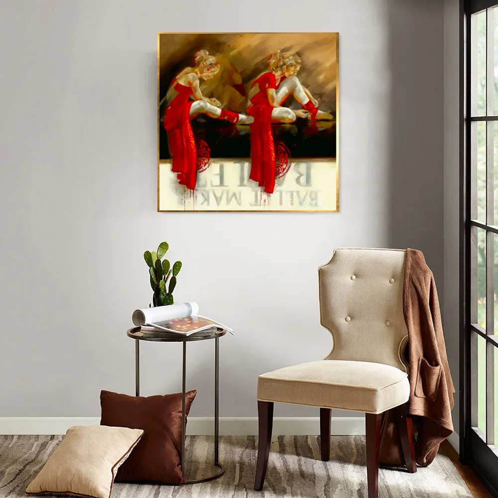 El yapımı bale dansçı giyen kırmızı dans elbise yağlıboya oturma odası dekor için el boyalı portre dansçı tuval boyama