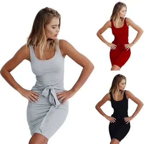 Nieuwe Mode Vrouwen Slanke Effen Kleur U-Hals Mouwloos Bandage Pakket Hip Potlood Korte Casual Dress