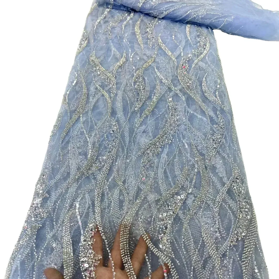 Larghezza 130 cm in poliestere con paillettes perline ricamate africano tessuto di maglia pesante in tulle tessuto di pizzo per abito da sposa