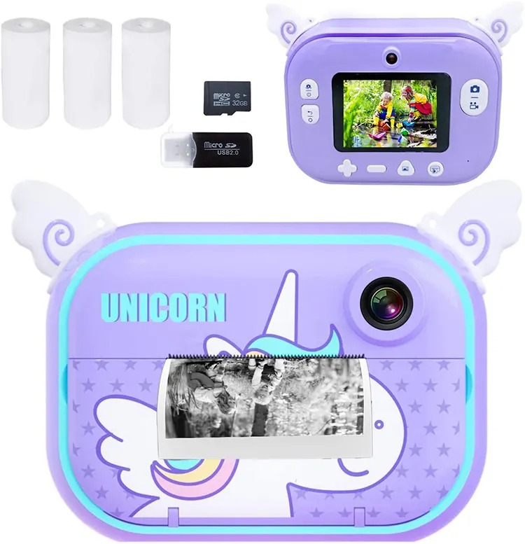 Fotocamera per bambini fotocamera con stampa istantanea per bambini 1080P HD Video unicorno fotocamera giocattoli compleanno natale regalo per bambini