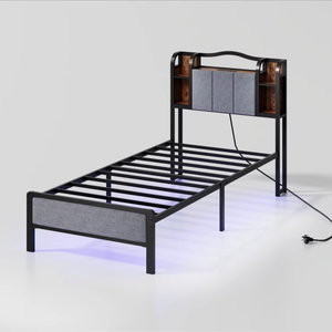 <span class=keywords><strong>Letto</strong></span> Moderno Minimalista <span class=keywords><strong>in</strong></span> <span class=keywords><strong>Ferro</strong></span> Spesso con Schienale e Testiera Imbottita, Spazio Contenitore e Presa di Corrente - Product Image 1