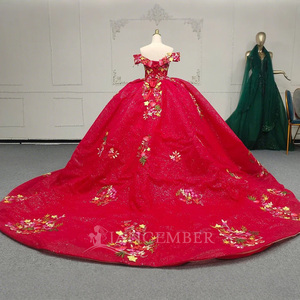Jancember ANY19 Vestido de noche tradicional rojo ostentoso con hombros descubiertos Empire Puffy Ball - Product Image 3