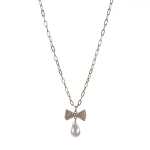 KITI Fashion Bow Pendant Clavicle Chain Necklace Rhinestone Bowknot Pendent Necklace Tie Shaped Pearl Necklace
