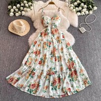 Summer Vintage V-Neck Tunic Slim Casual Dress for Women Sleeveless Printed Lace Dress Red Holiday Skirt Wholesale