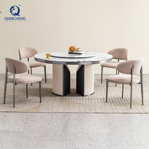 Juego de Comedor de Cuero de Lujo Estilo Italiano, Muebles para el Hogar, Mesa Redonda de Piedra de Mármol con Plato Giratorio, Mesa de Restaurante de Alta Gama - Product Image 2