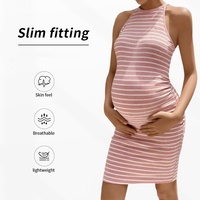 Grenzüberschreitendes gestreiftes Neckholder-Umstandskleid mit hoher Dehnbarkeit, eng anliegendem Hüftwickel und mittellanger Länge für Schwangere – figurbetontes Outfit/Kleid