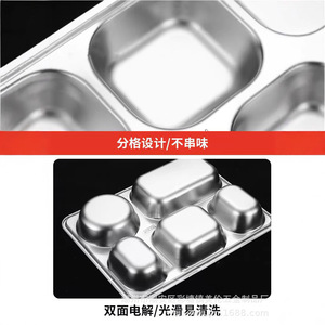 Plateau rectangulaire à cinq compartiments en acier inoxydable SUS304 avec couvercle pour le service alimentaire et l'utilisation en cantine - Product Image 2