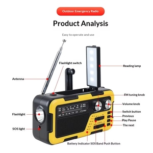 <span class=keywords><strong>Radio</strong></span> à manivelle d'urgence étanche - Alimentée par énergie solaire avec lampe de poche et batterie externe pour les activités de plein air - Product Image 6
