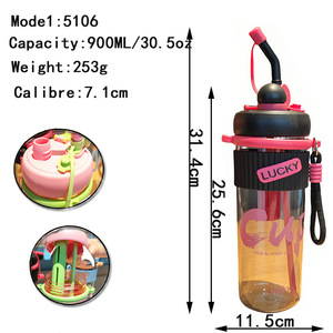 Lucky Cup 900Ml Plastic Water Bottle With Straw Reusable Travel Drinkware For Outdoor Use - Product Image 4