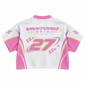 Camiseta deportiva para mujer con cuello en V, cuello acanalado en contraste, tejido de malla, gráfico de casco personalizado por sublimación, top corto - Product Image 4