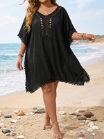Robe de plage grande taille pour femme, en crochet ajouré, col en V, avec pompons, ample et respirante, 100 % polyester, pour maillot de bain bikini