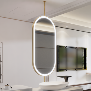 กระจก LED รูปวงรีติดเพดานแบบขายส่ง 360 องศา °   กระจกเงาแบบแขวนติดผนังทรงยาวพร้อมกรอบทองหมุนได้ สำหรับห้องน้ำ โรงแรม ร้านขายเสื้อผ้า - Product Image 1