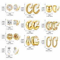 Anting-anting klip tanpa tusuk warna emas dan perak untuk wanita dengan desain geometris, mutiara imitasi, dan hiasan berlian imitasi.