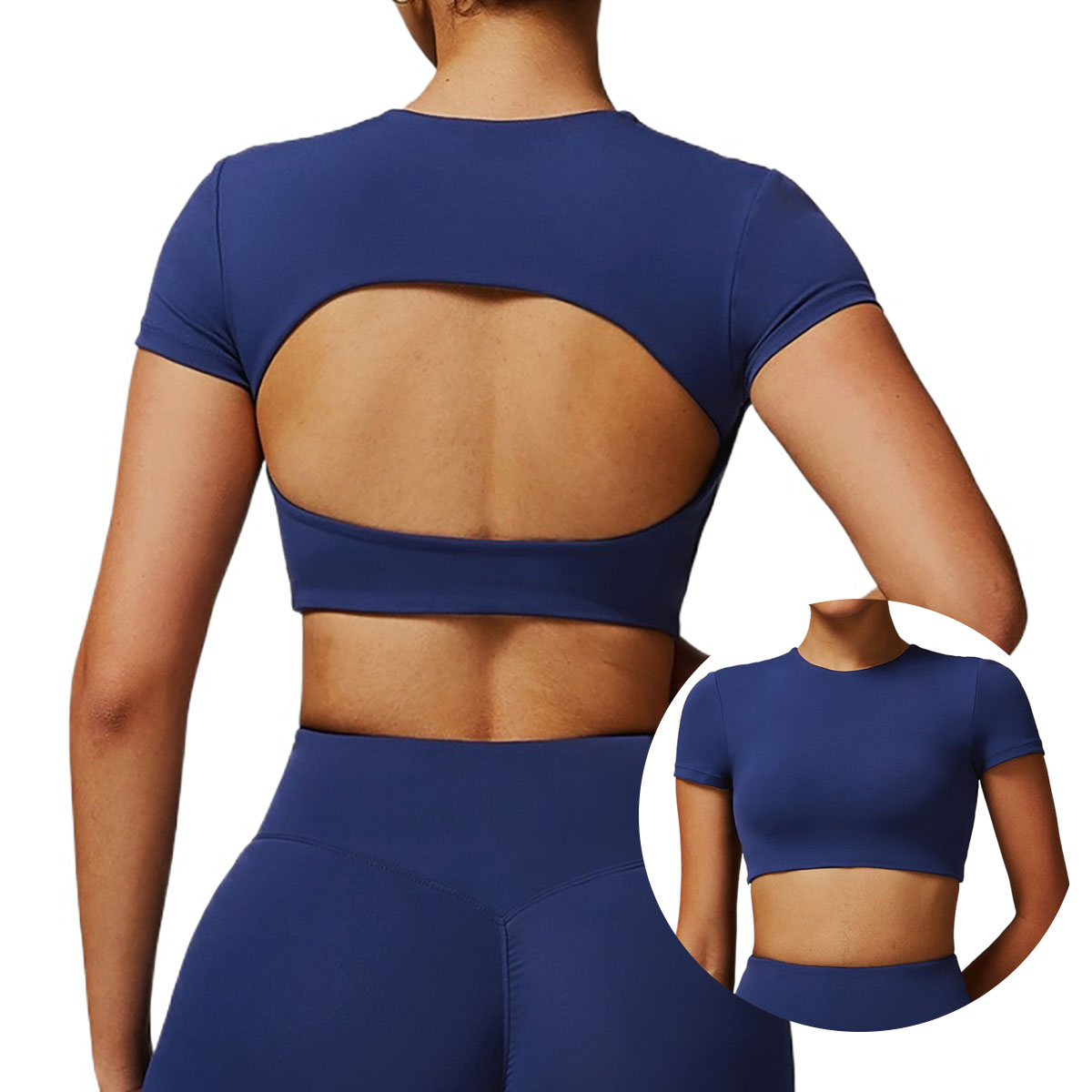 Women Quick Dry Round Neck Yoga Short Sleeve Hollow Out Beauty Back Tight Top Running Sports Fitness T-Shirt
