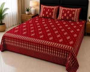 Red Floral Cotton Bedsheet King Size Bed Sheet Set Soft Cotton Bedding <b>Flat</b> Sheet with 2 <b>Pillow</b> Covers Bedroom Decor - Product Image 3