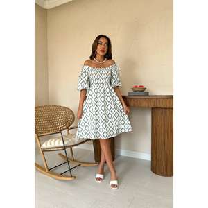 เดรสทรงเอไลน์แบบเปิดไหล่ ดีไซน์หรูหรา พร้อมระบายช่วงเอว ผ้าทอระบายอากาศได้ดี เหมาะสำหรับใส่ในชีวิตประจำวัน ชุดลำลองสำหรับฤดูร้อน - Product Image 4