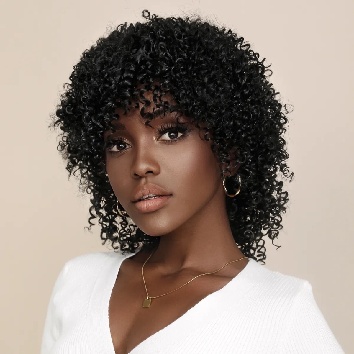 Short Curly Afro Wigs for Black Women  Soft   Natural Kinky Curly Wig  Glueless Synthetic Wig with Bangs  Natural black Wig 16"