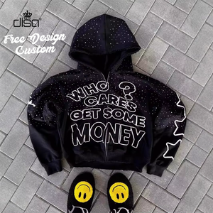 Fabricant personnalisé Sweat à capuche zippé avec fermeture éclair et couture épais et épais avec impression DTG de strass vintage pour hommes, délavé à l'acide - Product Image 1