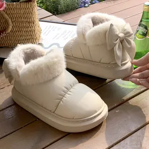 Ladies Waterproof Down Fabric Slippers Pretty Bowknot Decor Winter Comfy Fuzzy Ankle Back Home Indoor Shoes for Women