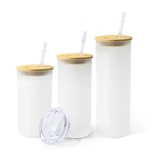 Hot Sale 16oz 20oz 25oz Frosted Glass matte Skinny Straight Sublimation Glass Tumbler with Straw and Bamboo Lid and plastic lid